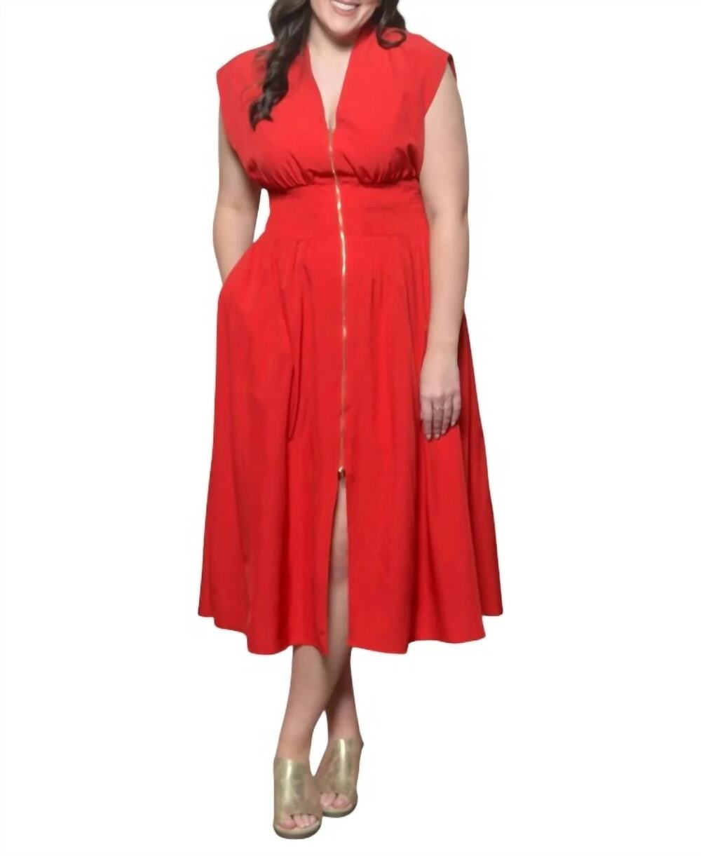 NEW She + Sky Midi Dress Red Zip Up Smocked V Neck A Line Cap Sleeve Size M